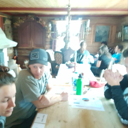 <em>Vågestykke #15 AIR Sogndal</em>, Studentane på hyttetur. Her spiller de klimaspillet lagd av Marta Baltruszewicz og studentane.
